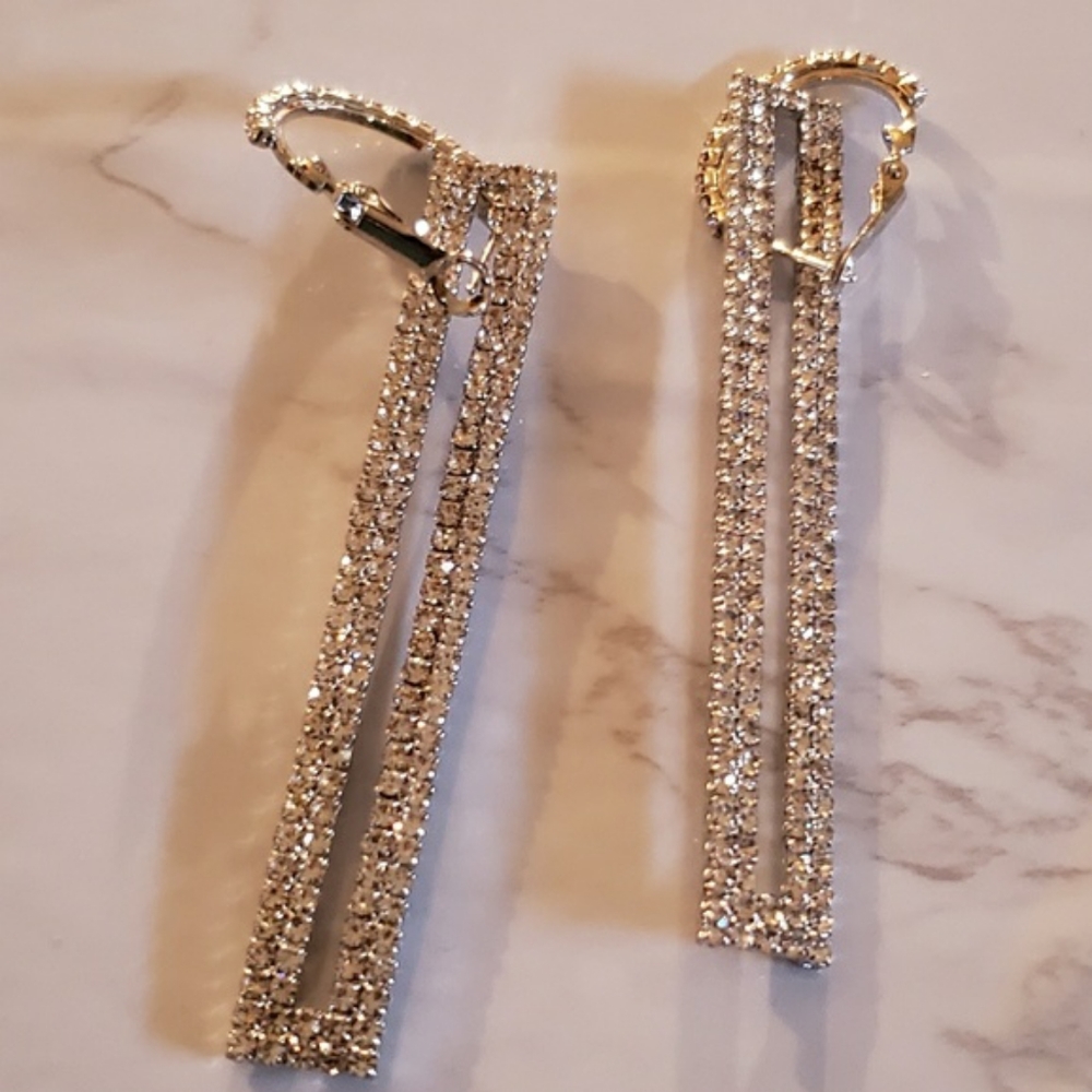 Long Rhinestone Silver Rectangle Dangle Earrings - Picture 7 of 7